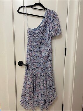 ASTR THE LABLE One-Shoulder Floral Midi Dress in Light Blue and Lavender